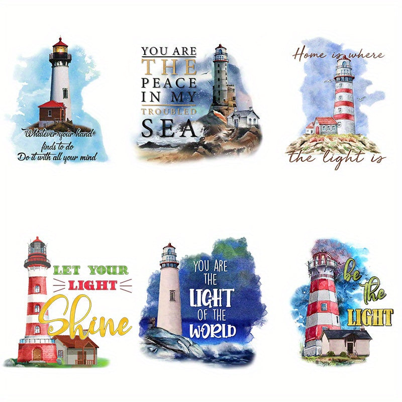 6pcs Lighthouse Theme Iron on Transfer Stickers Decals for DIY Clothing T Shirts