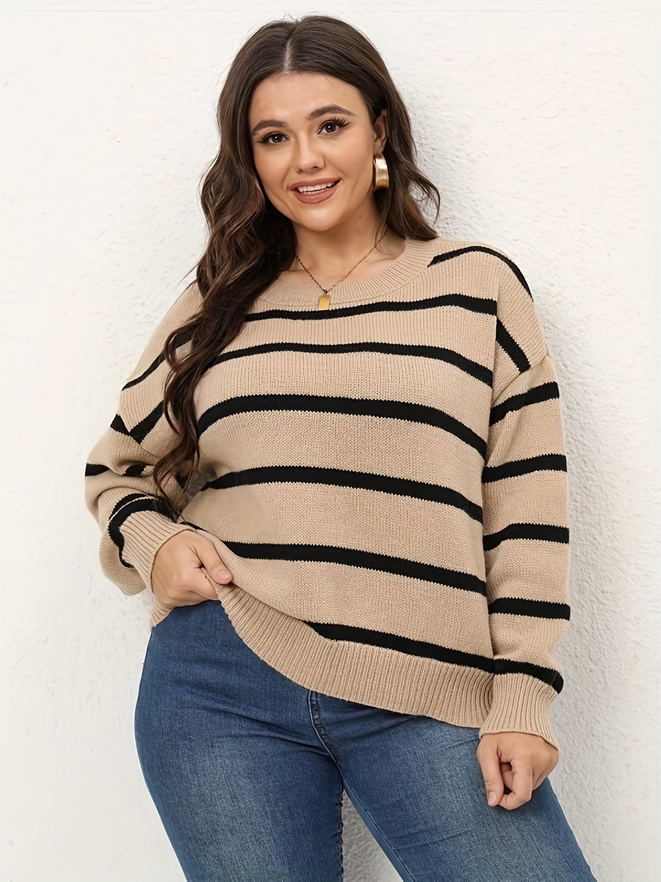  Casual Stripe Print Sweater Round Neck Pullover Jumper