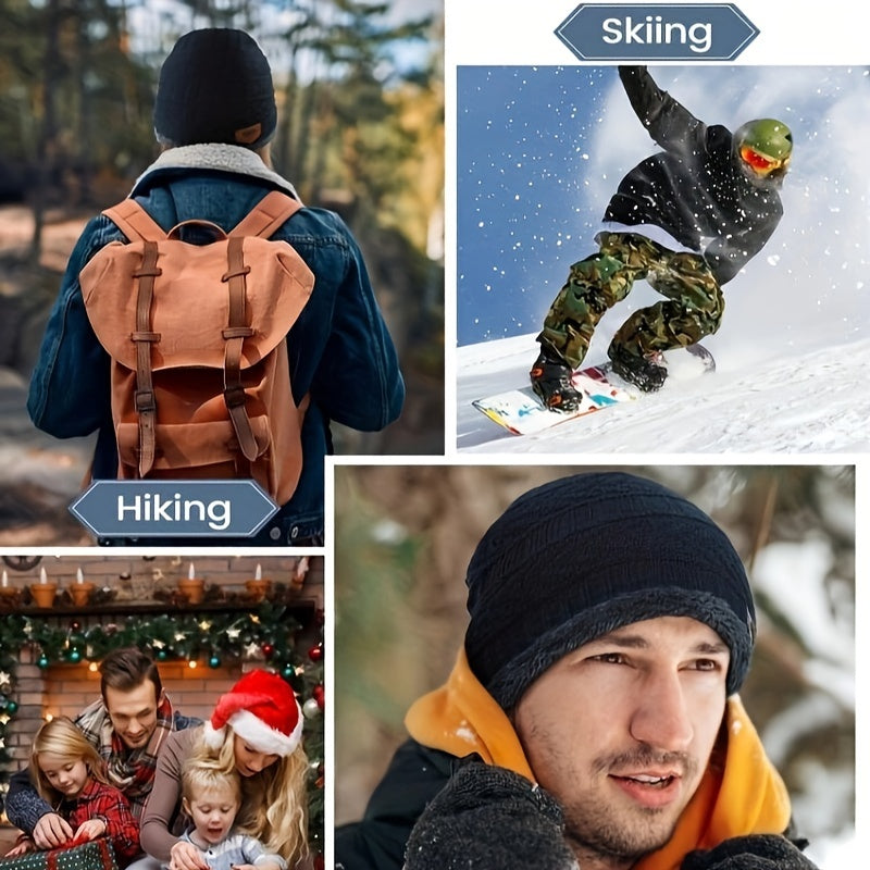 Winter Warm Beanie Hat Scarf Set Fleece Lined Cap Neck Cover