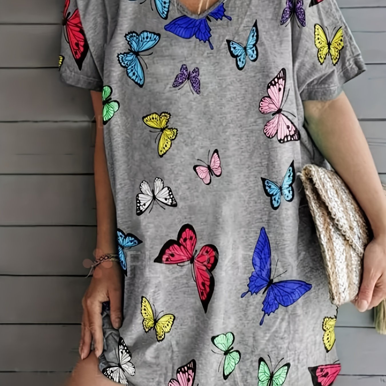 Women's Plus Butterfly Print V Neck Dress