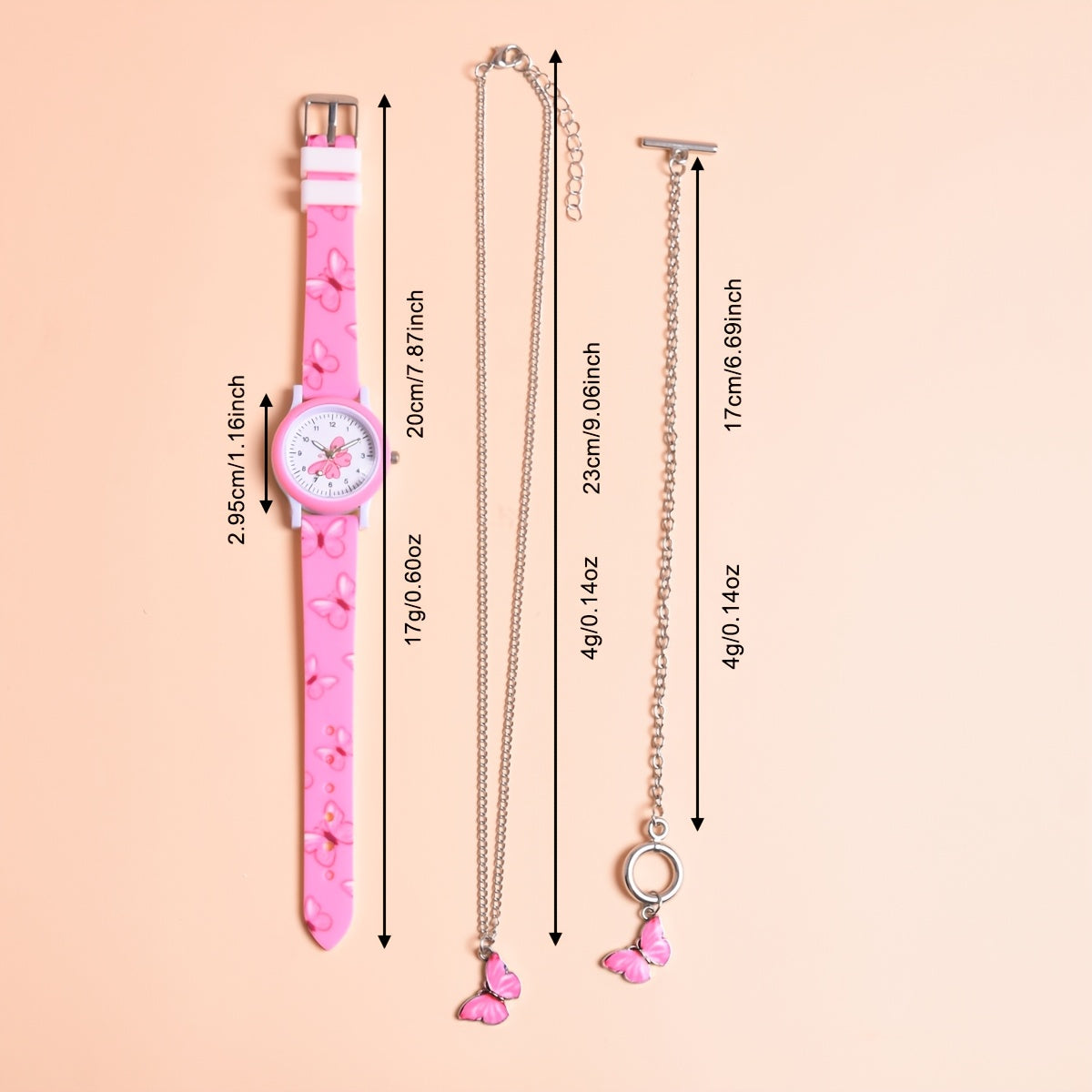 3pcs Butterfly Silicone Watch Strap & Necklace Bracelet Set for Girls