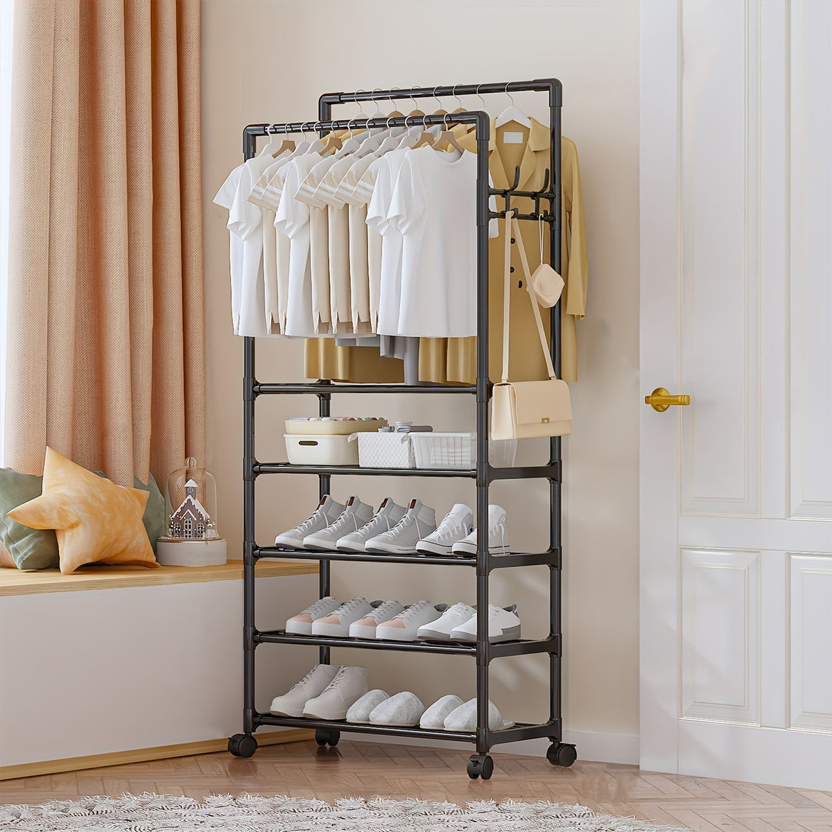 5-Layer Double Pole Coat Rack Standing Hat Shoes Rack