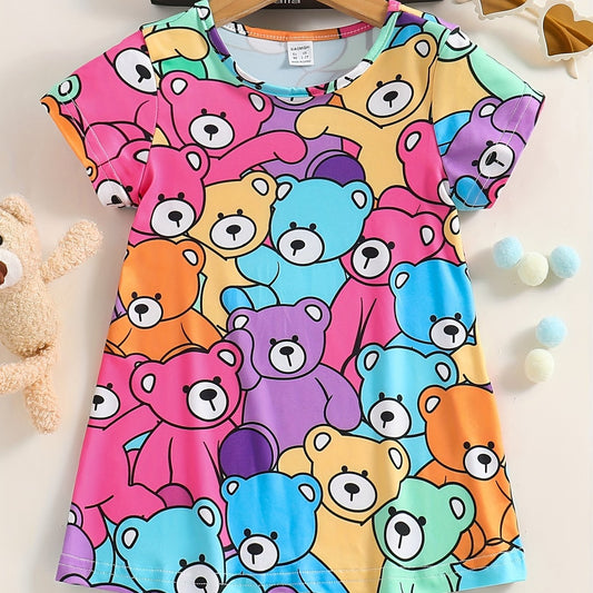 Kid Girls' Casual Dress Cartoon Bear Allover Print Short Sleeve T Shirt Dress