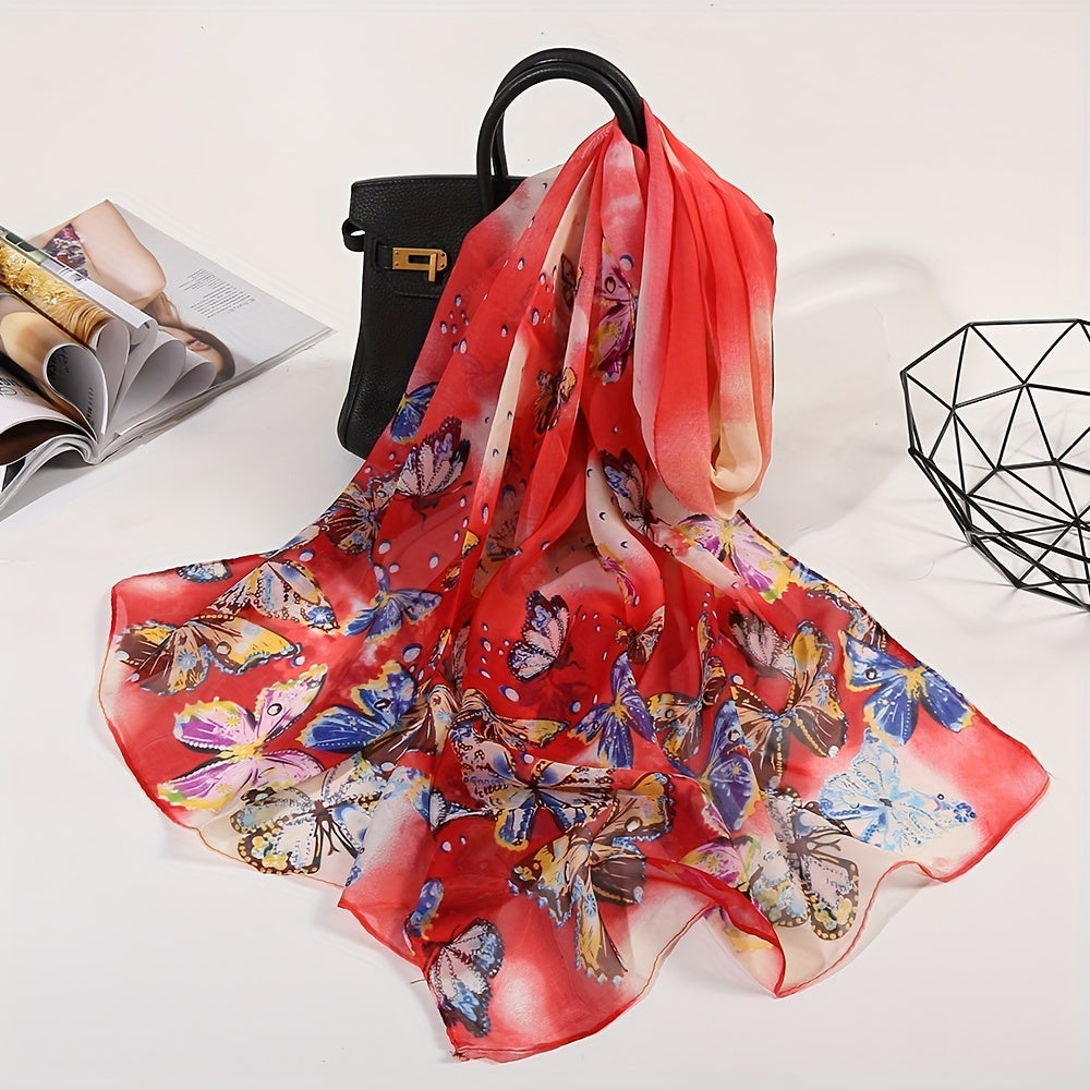 Butterfly Print Chiffon Scarf Tie Dye Gradient Shawl