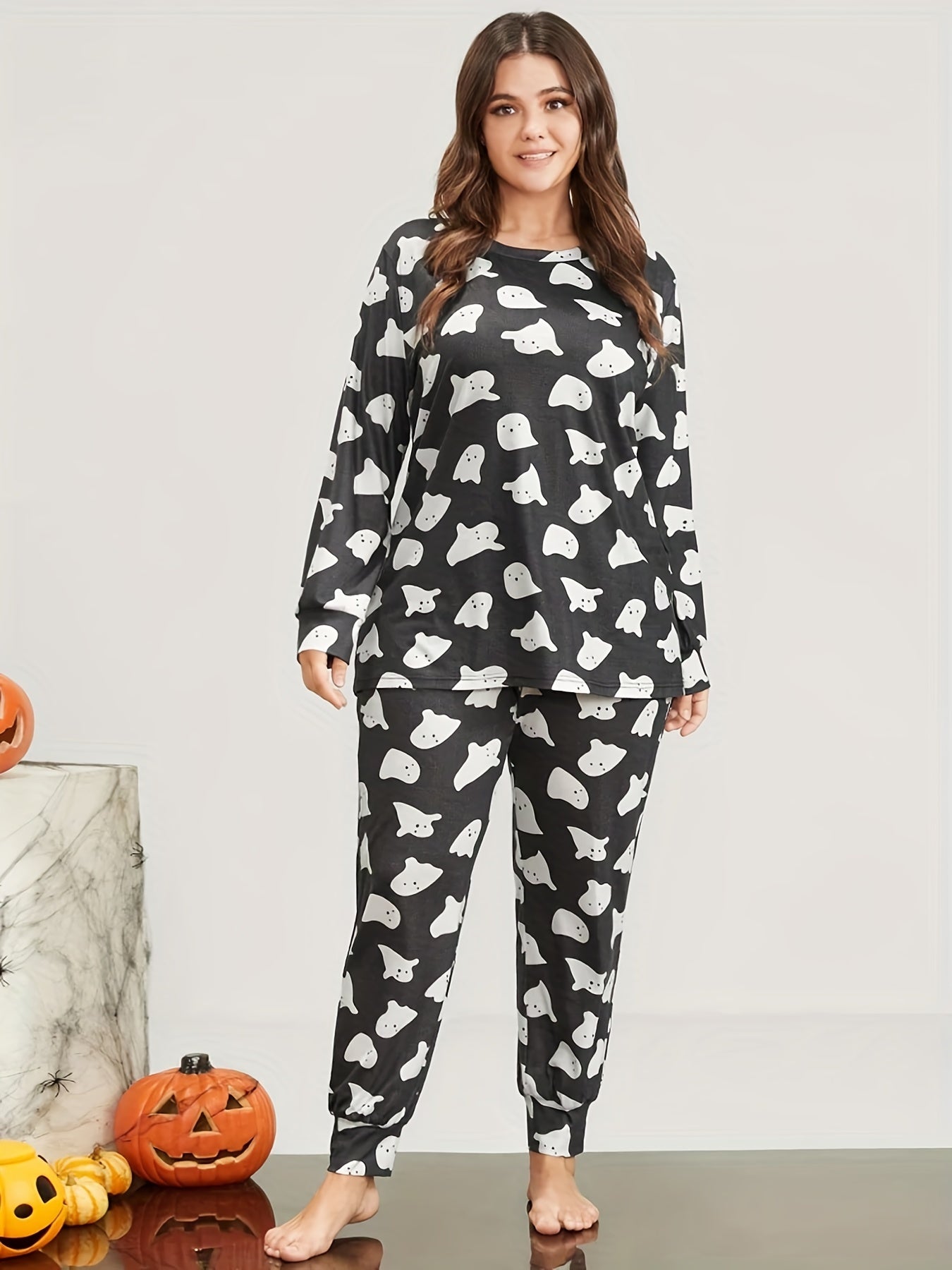 Women's Plus Ghost Print Lounge Set Long Sleeve Tee & Pants Two Piece