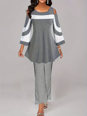  Colorblock Cold Shoulder Top & Flared Leg Pants Set