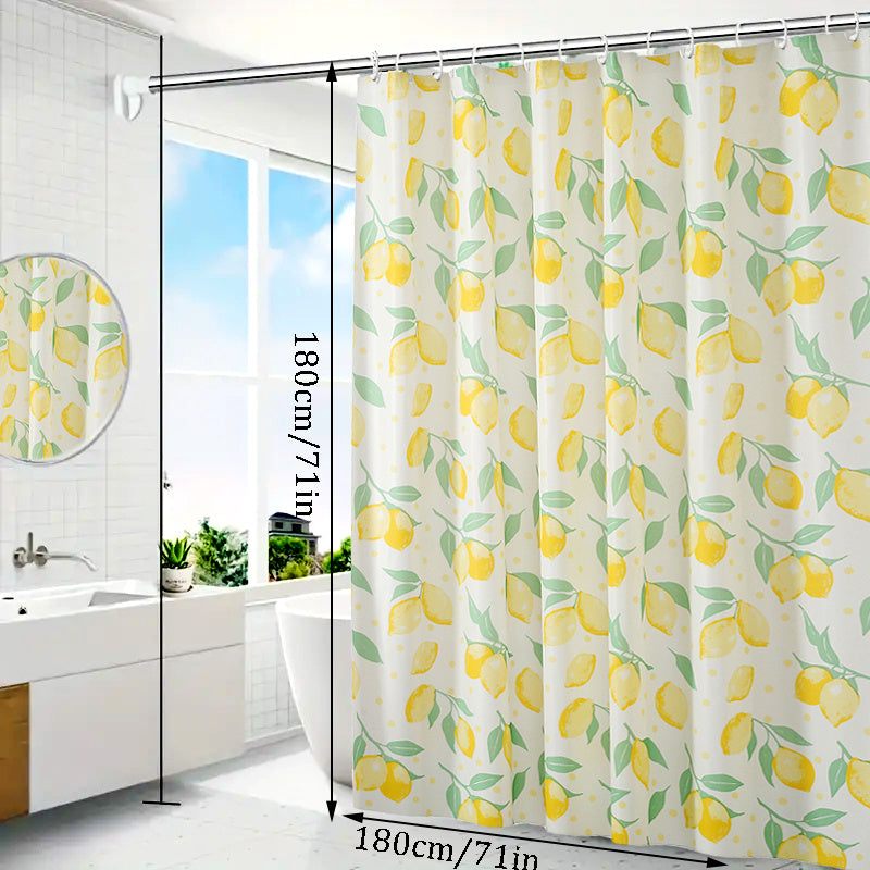 Yellow Lemon Pattern Shower Curtain With 12 Hooks