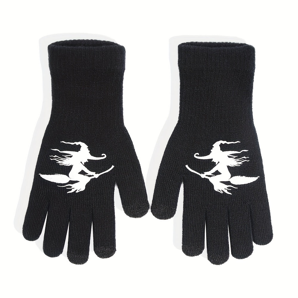 Halloween Witch Touch Screen Knitted Gloves, Windproof Warm Winter Gloves