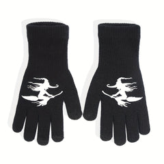 Halloween Witch Touch Screen Knitted Gloves, Windproof Warm Winter Gloves