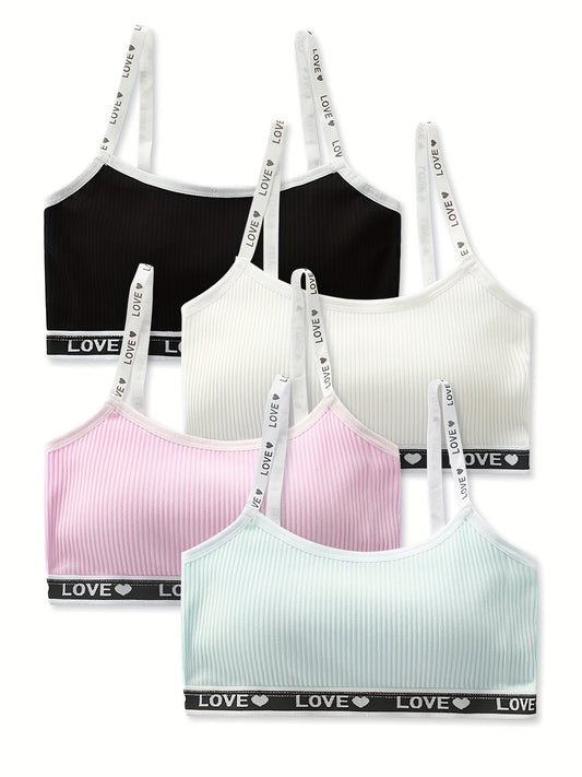 4pcs Girl's Ribbed Bralette Set for Students Teens 7-14 Years Old