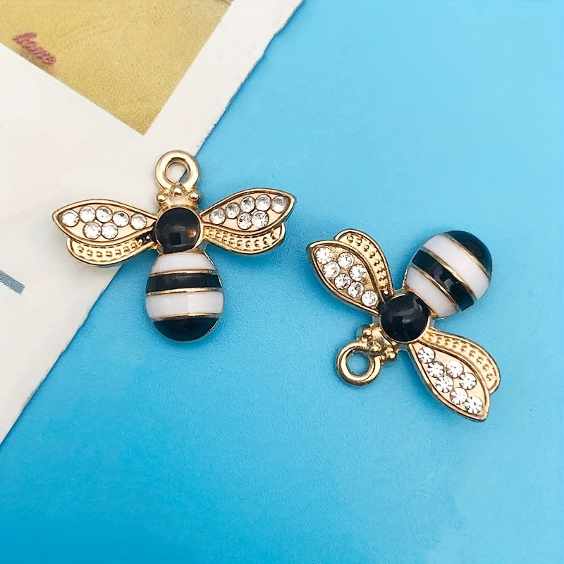 5pcs Enamel Bee Pendants Rhinestone Decor DIY Earrings Bracelet Necklace