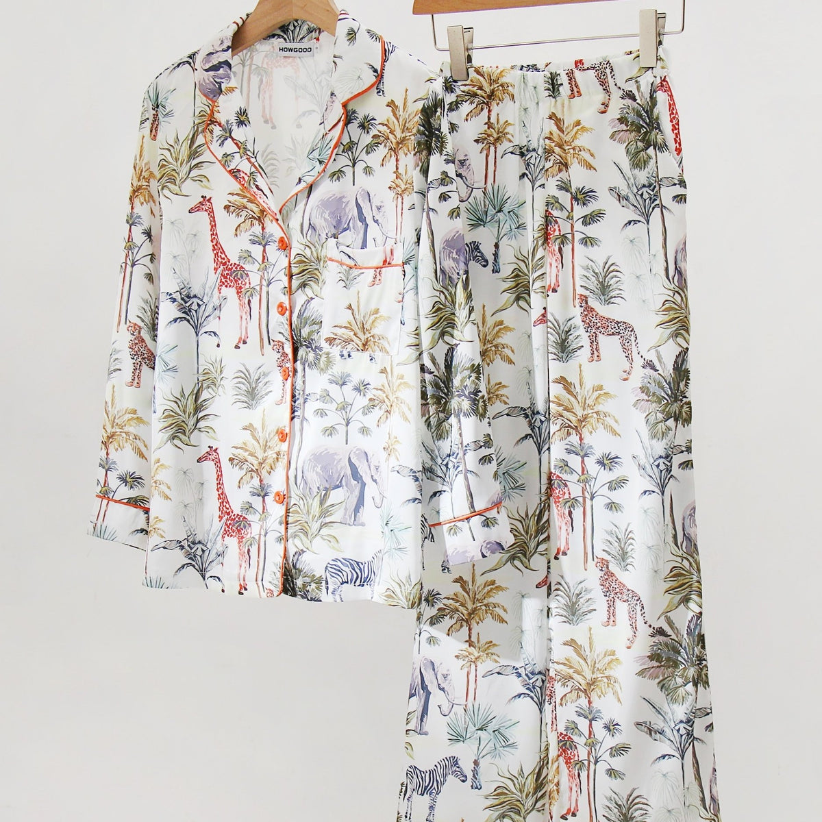 Plant Print Satin Pajama Set Long Sleeve Button Up Top & Elastic Waistband Pants