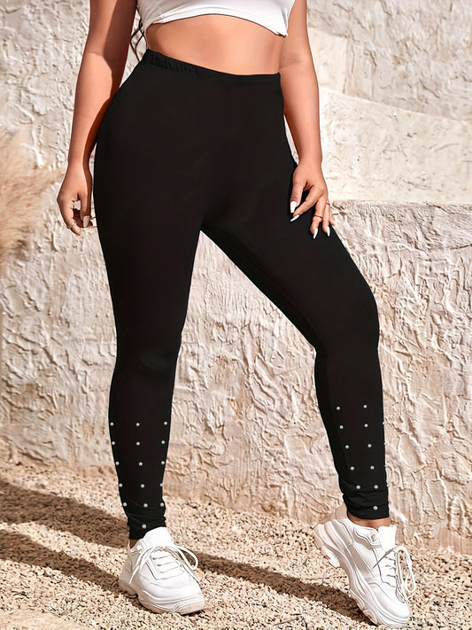 Plus Size Faux Pearl High Rise Stretch Leggings