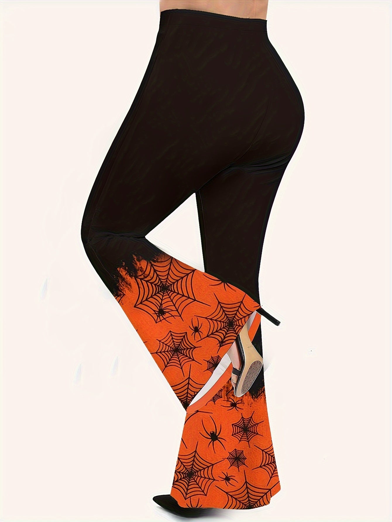 Women's Plus Spider Web Print Elastic High Rise Flared Leg Trousers