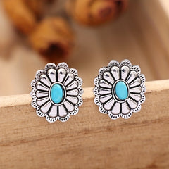 Silvery Flower Oval Turquoise Stud Earrings Retro Style Jewelry