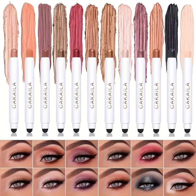 12-Color Eyeshadow Stick Matte Glitter Creamy Texture Eye Brightening Pen