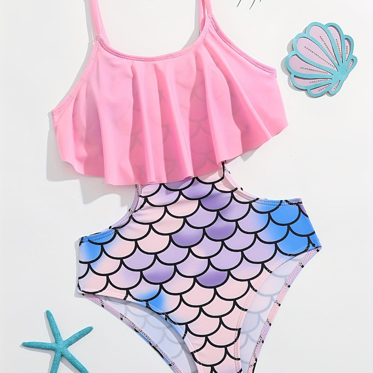 Girls Mermaid Shorts Ruffled Cami Top Swimsuit