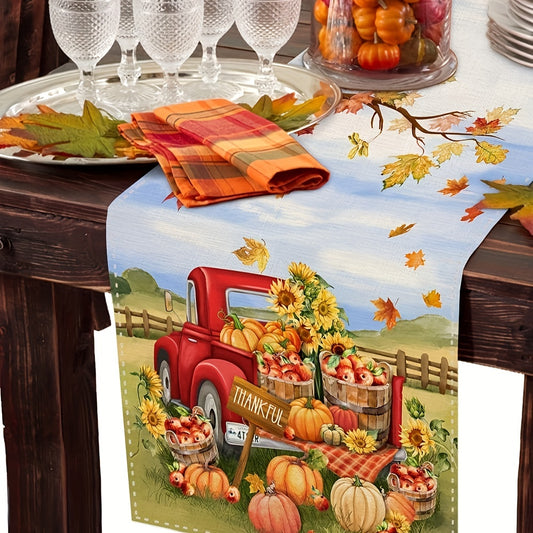 Thanksgiving Table Runner Autumn Truck Pumpkin Maple Leaf Orange Table Cover