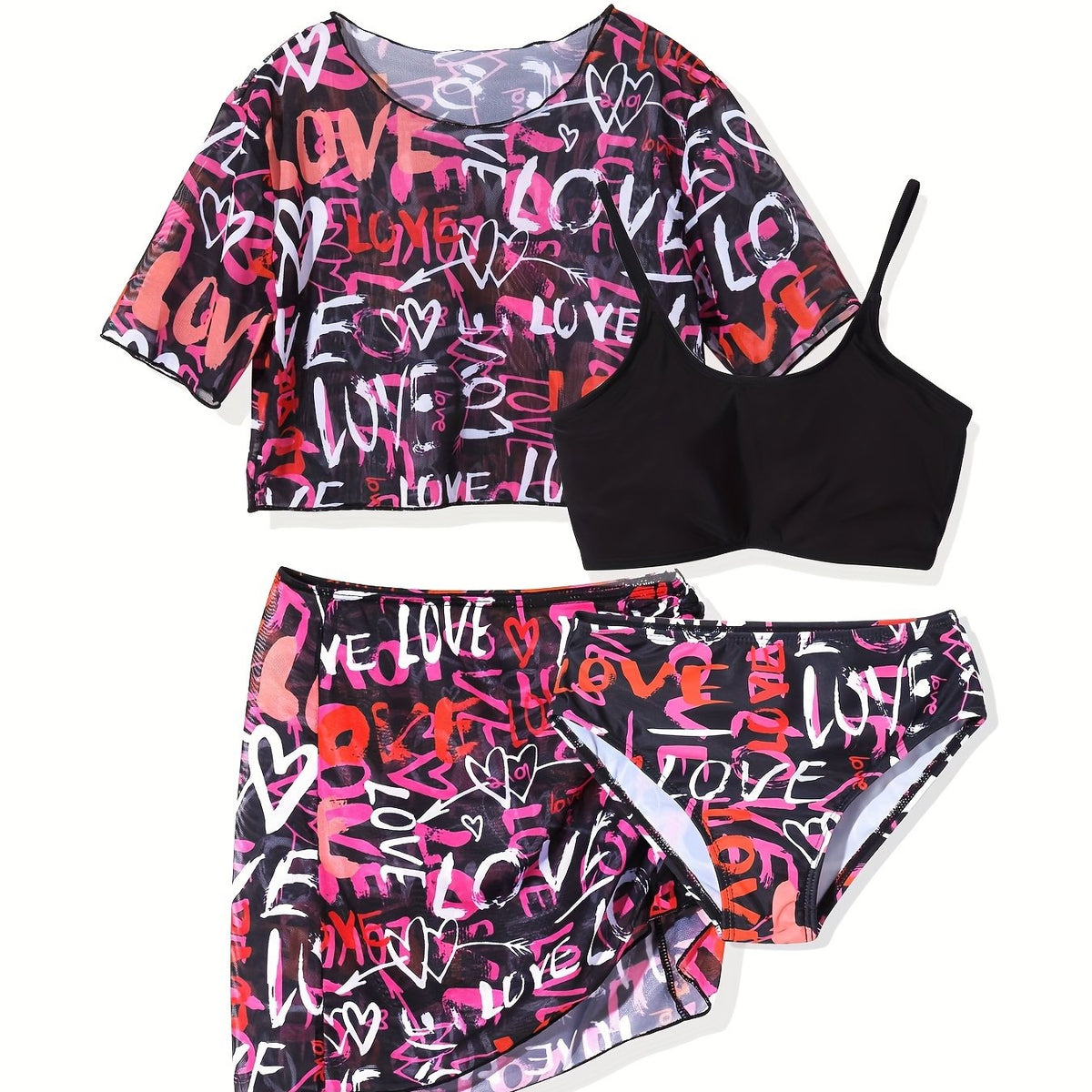 Girls Graffiti Print Swimsuit Set for Hawaii Vacation
