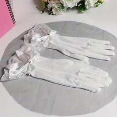 Short Bridal Lace Gloves with Bow Decoration