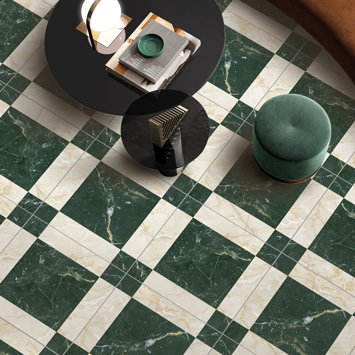 4pcs Retro Checkered Pattern Floor Stickers Non-slip Waterproof Tile Stickers