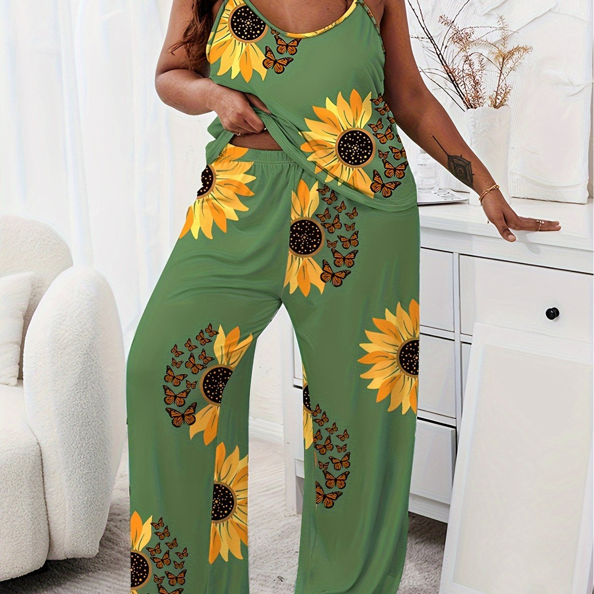 Sunflower Print Pajama Set