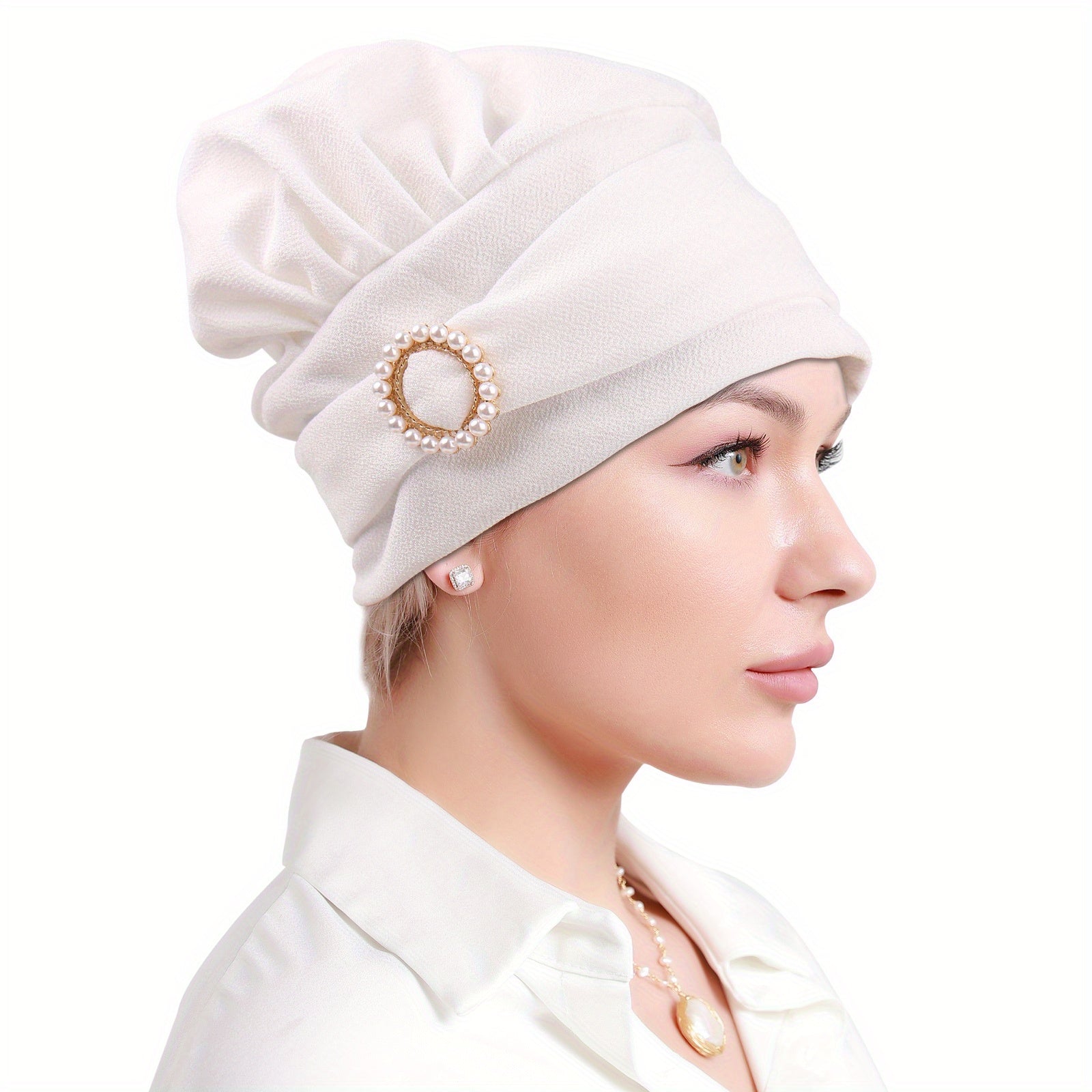 Faux Pearl Decor Turban Caps Solid Hijab Head Scarf Elastic Bonnet Headband