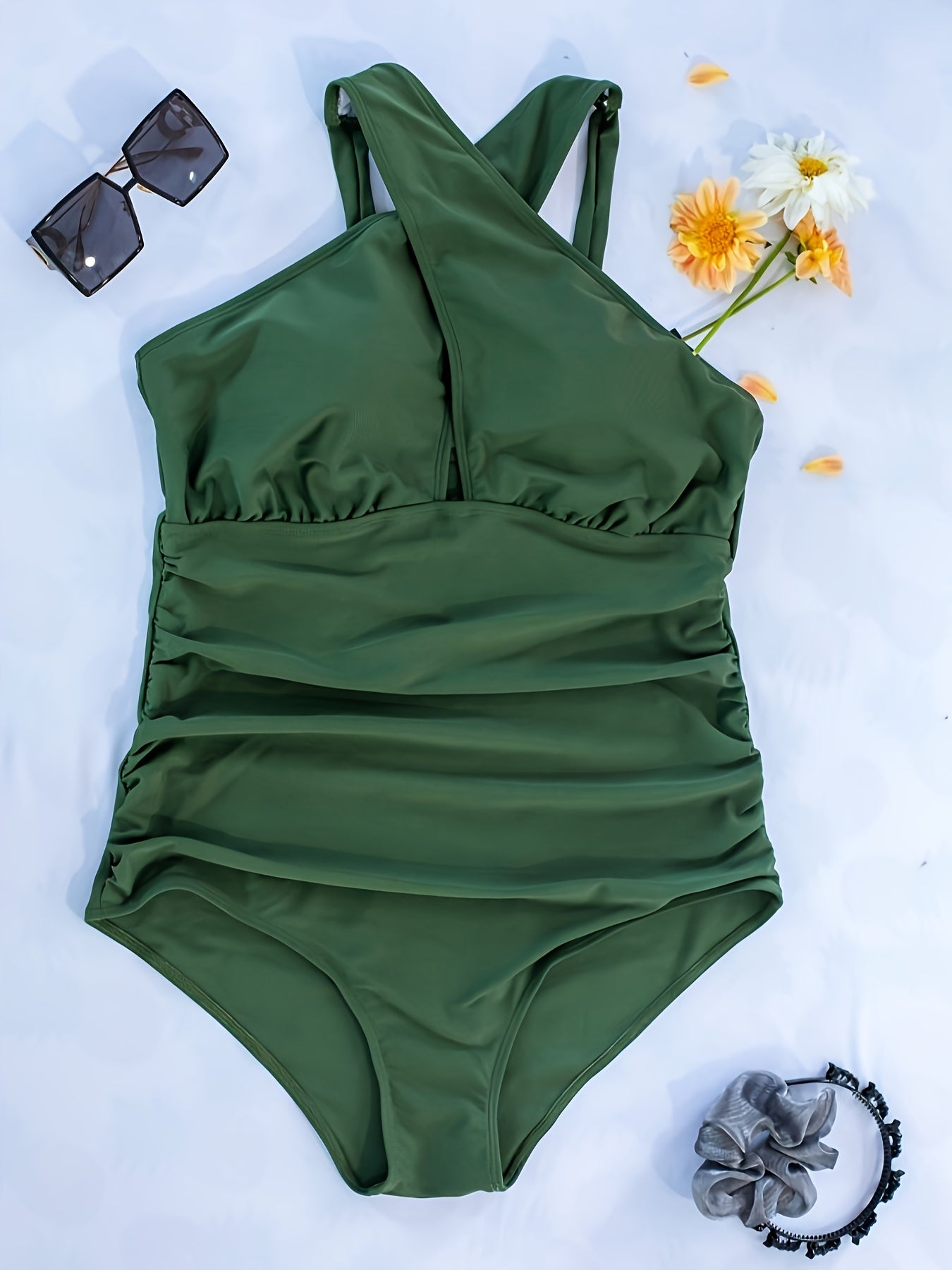 Solid Cross Halter One Piece Swimsuit