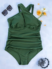  Solid Cross Halter One Piece Swimsuit
