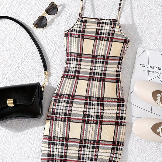Plaid Print Square Neck Spaghetti Strap Bodycon Dress