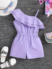 Girls One Shoulder Ruffles Romper Kids Summer Jumpsuit