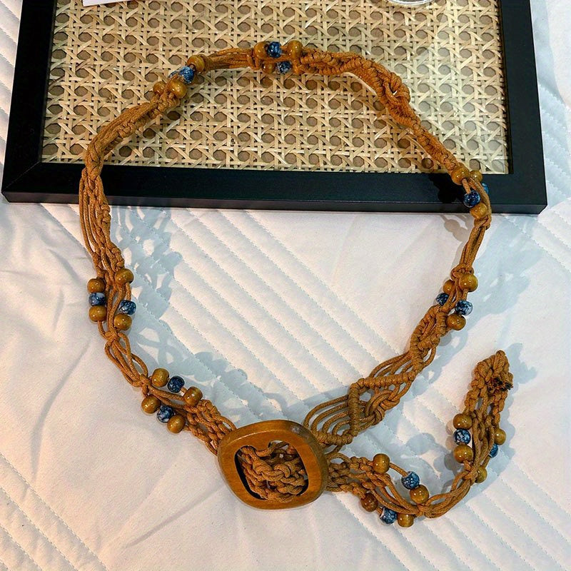 Boho Braided Belt with Vintage Wood Beads
