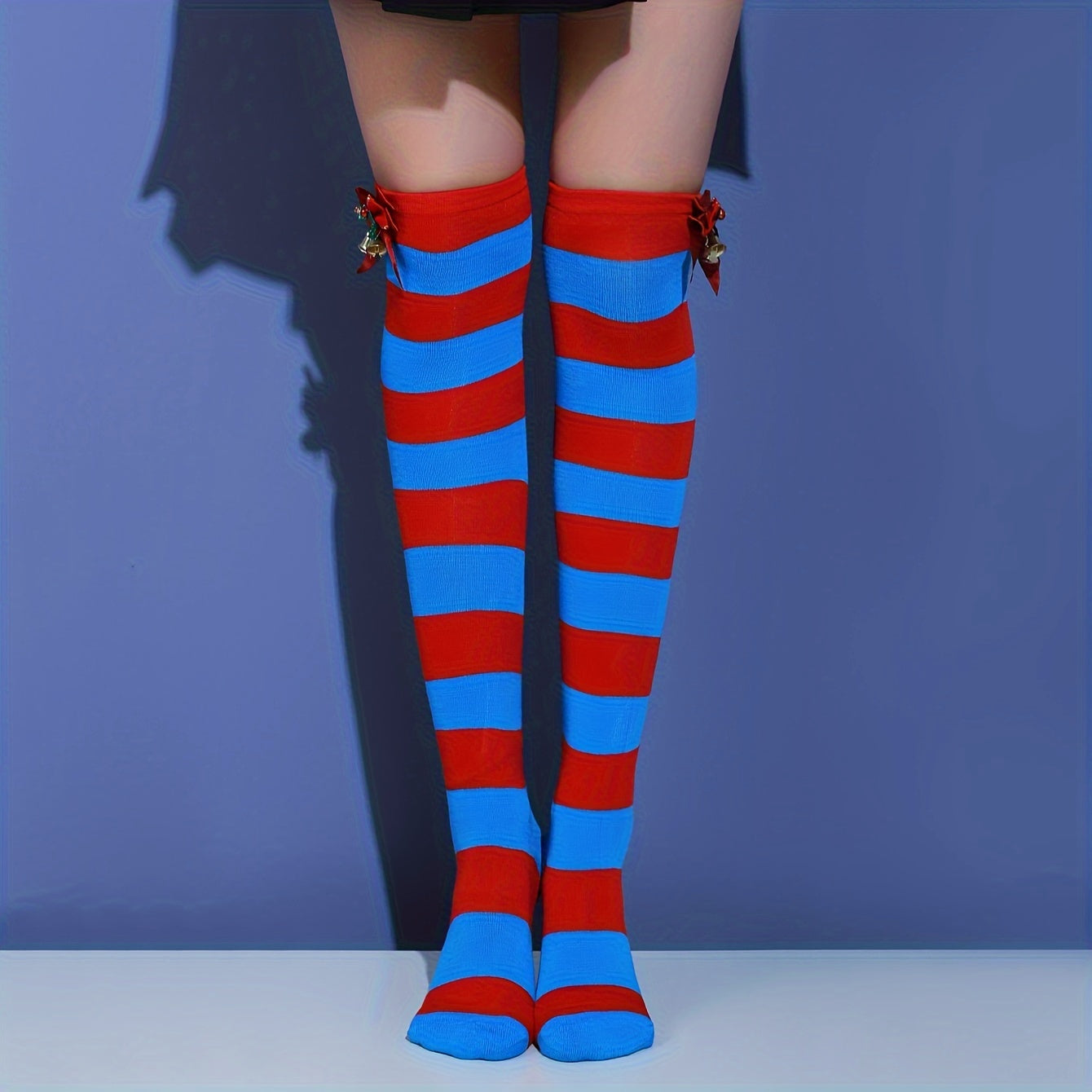 Bow Striped Thigh High Socks Colorblock Over The Knee Stockings