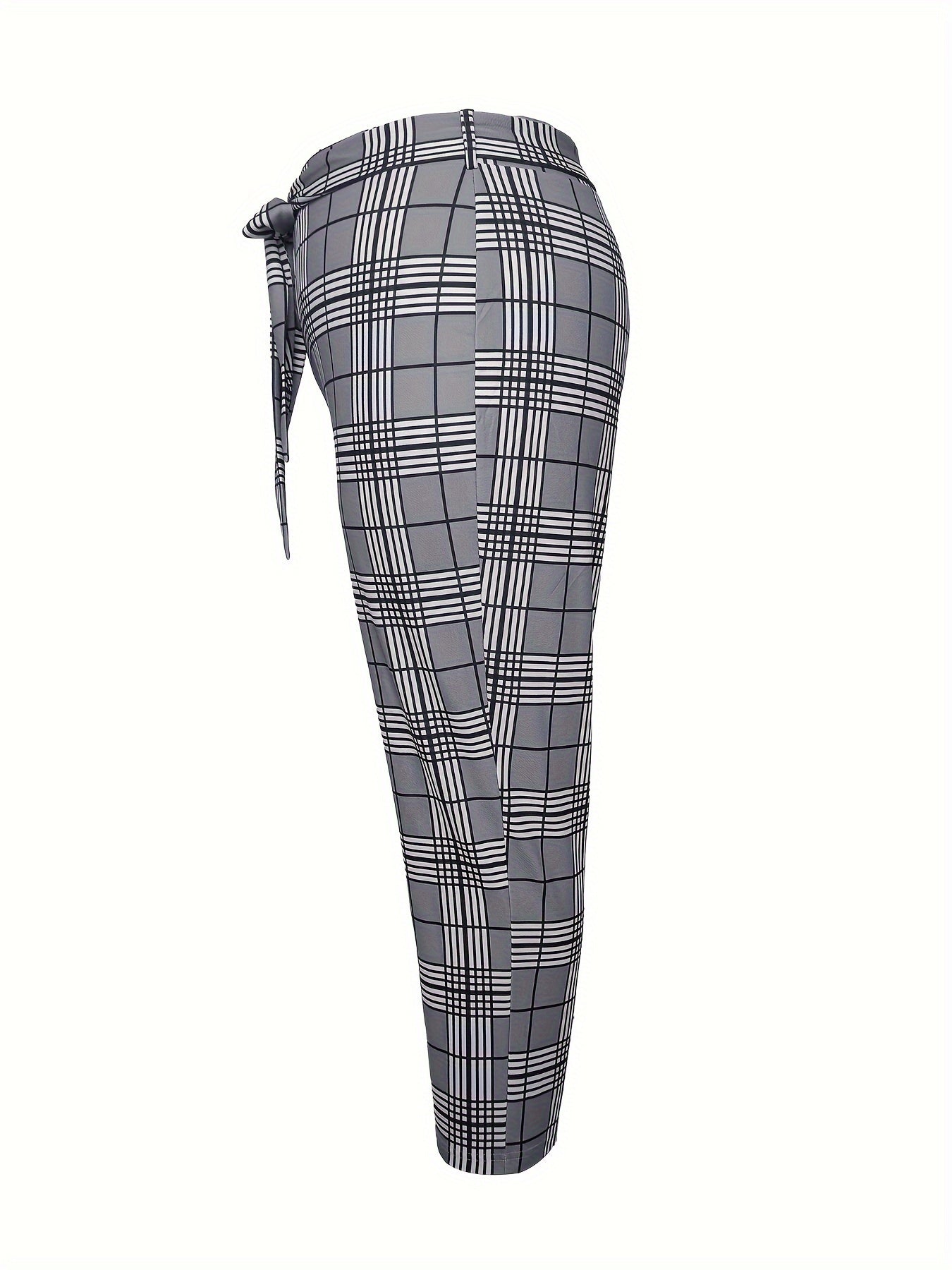 Plus Plaid Print Knot Front High Rise Straight Leg Trousers