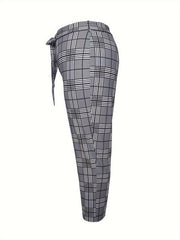 Plus Plaid Print Knot Front High Rise Straight Leg Trousers