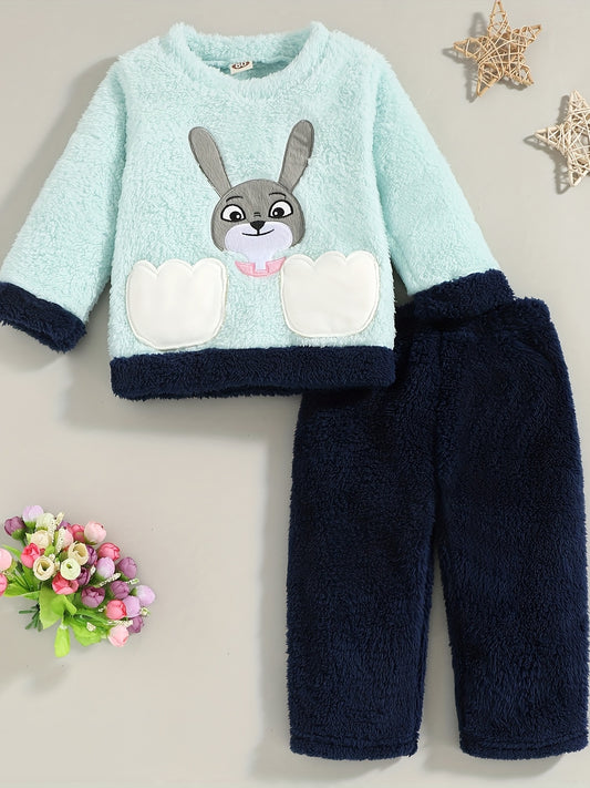 Kids Cartoon Print Pajama Set Warm Winter Loungewear