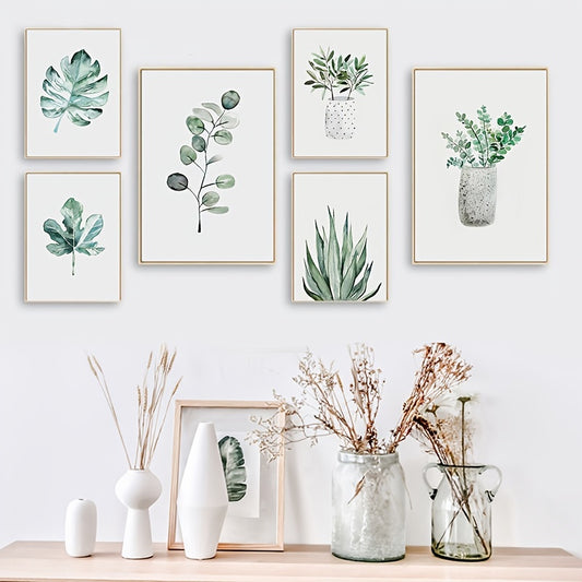 6pcs Watercolor Green Plant Leaves Botanical Art Canvas Poster