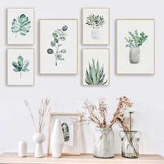6pcs Watercolor Green Plant Leaves Botanical Art Canvas Poster