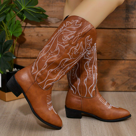Women's Embroidered Chelsea Boots Mid Calf Western Shoes