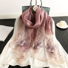 Flower Embroidery Silk Blend Scarf Solid Shawl Breathable Windproof Head Wrap