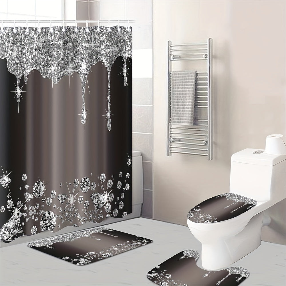 Glitter Shower Curtain & Non-Slip Bathroom Rug Set