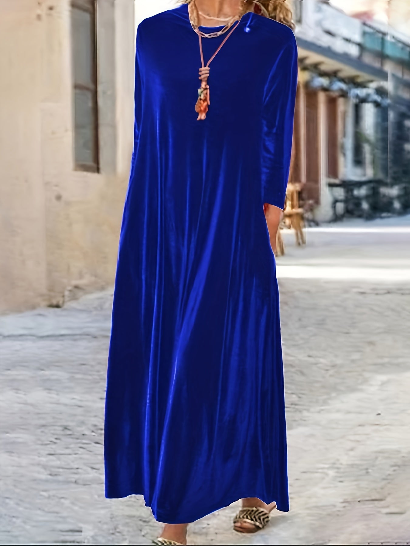  Solid Velvet Long Sleeve Maxi Dress