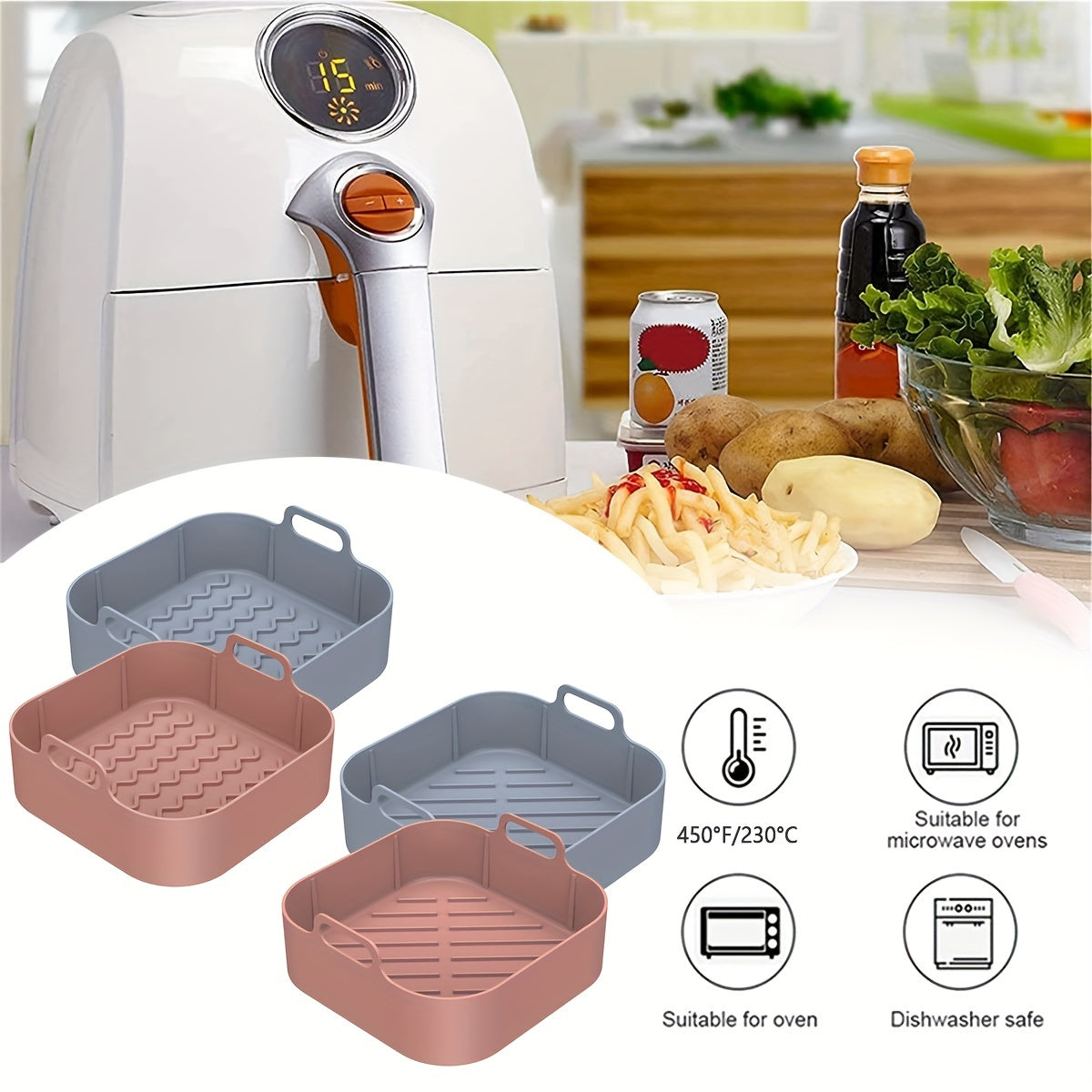 2pcs Air Fryer Silicone Pot With Handle Reusable Liner Heat Resistant Basket