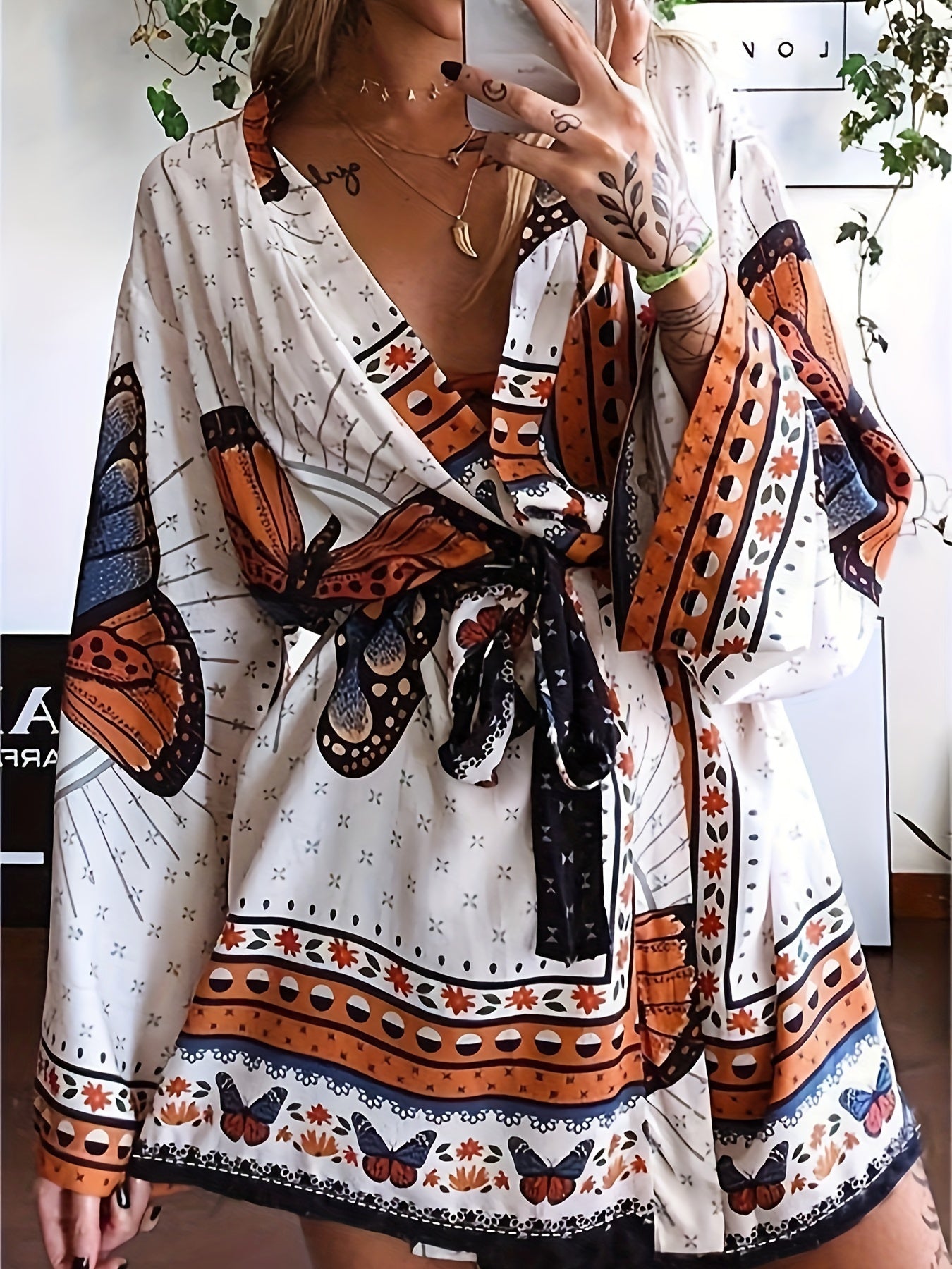  Butterfly Print V Neck Mini Dress