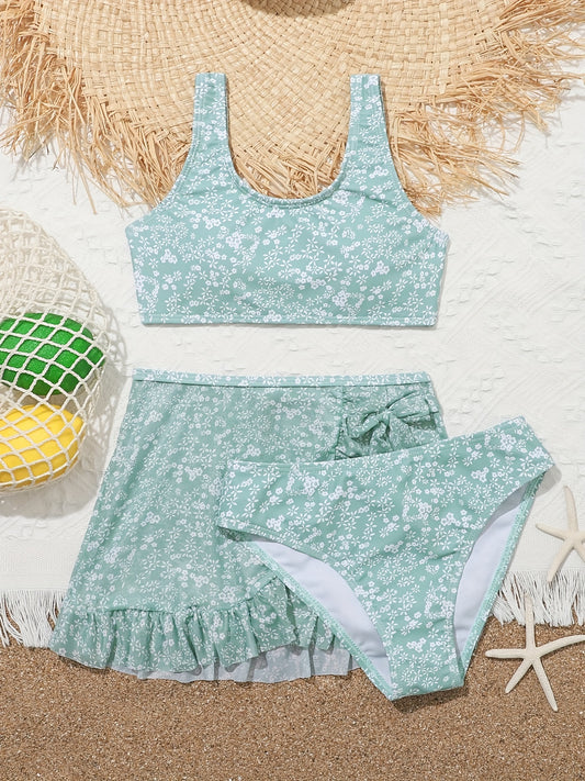 Girl's Floral Bikini Swimsuit Set Tank Top & Frilled Trim Mini Skirt Beachwear