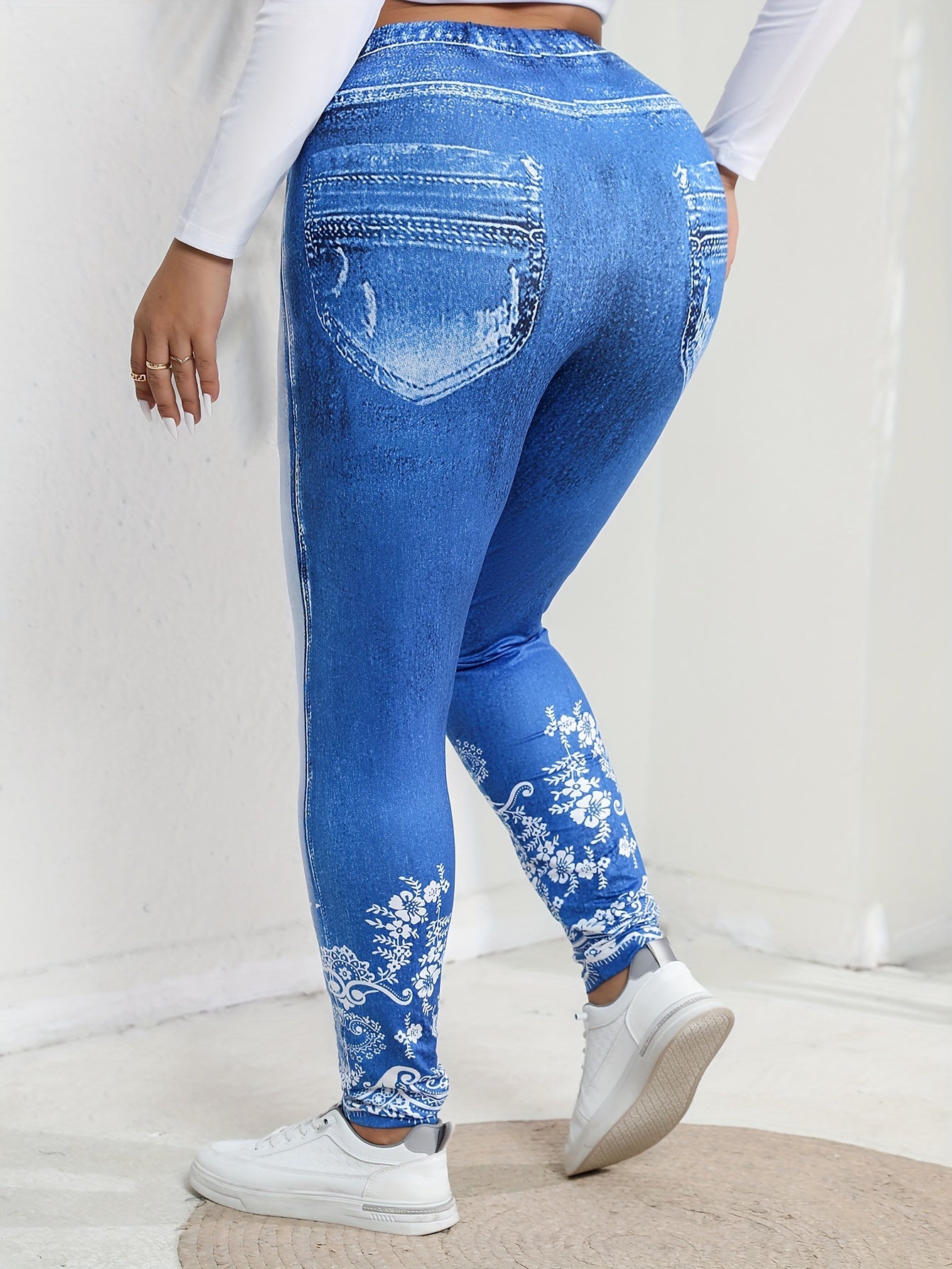  Denim Print High Rise Skinny Trousers