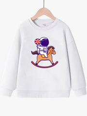 Astronaut & Pony Pattern Round Neck Sweatshirt for Girls