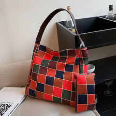Japanese Style Plaid Tote Bag with Small Pouch