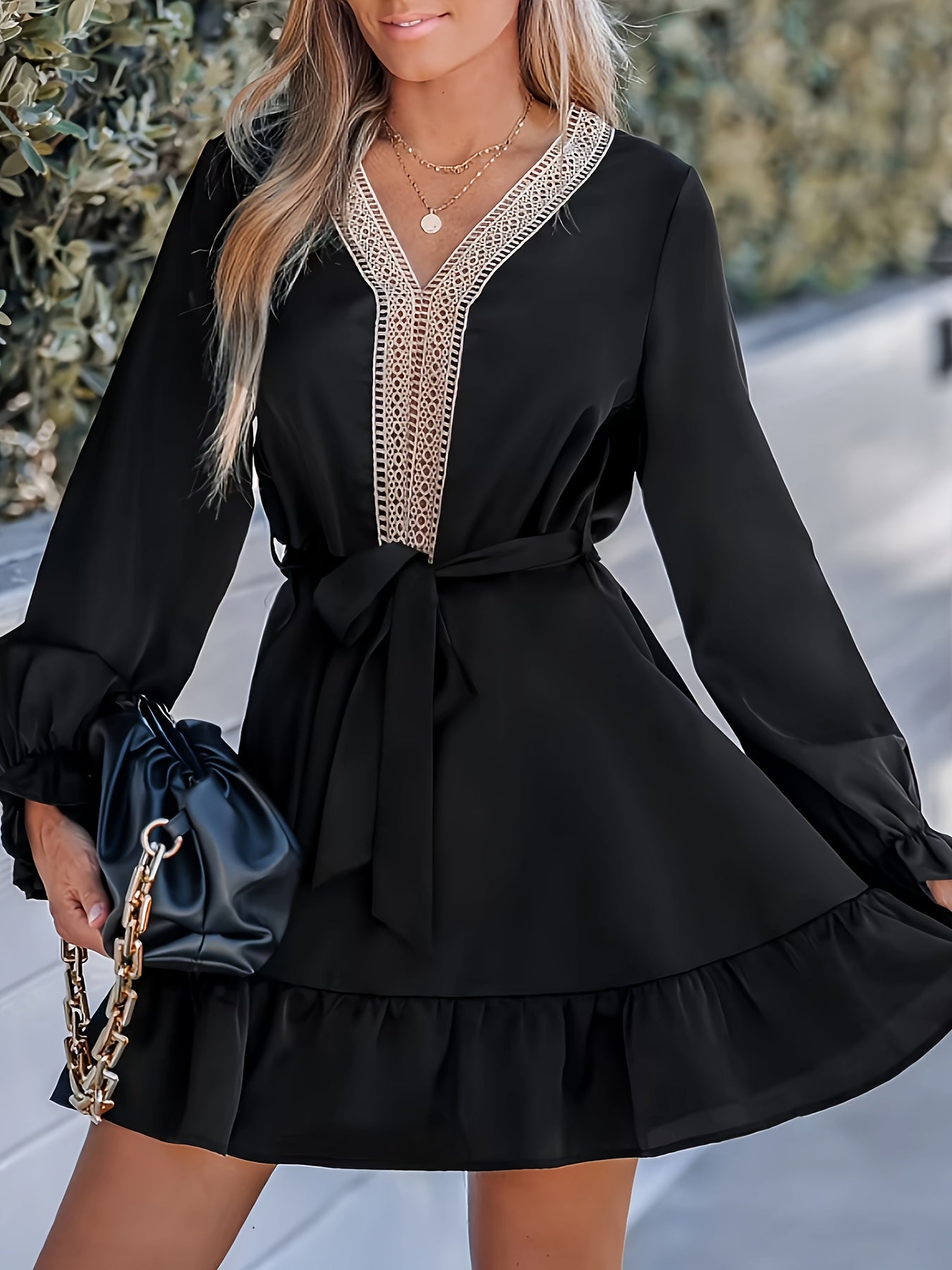  Dress Solid Applique Flounce Sleeve V Neck Ruffle Trim