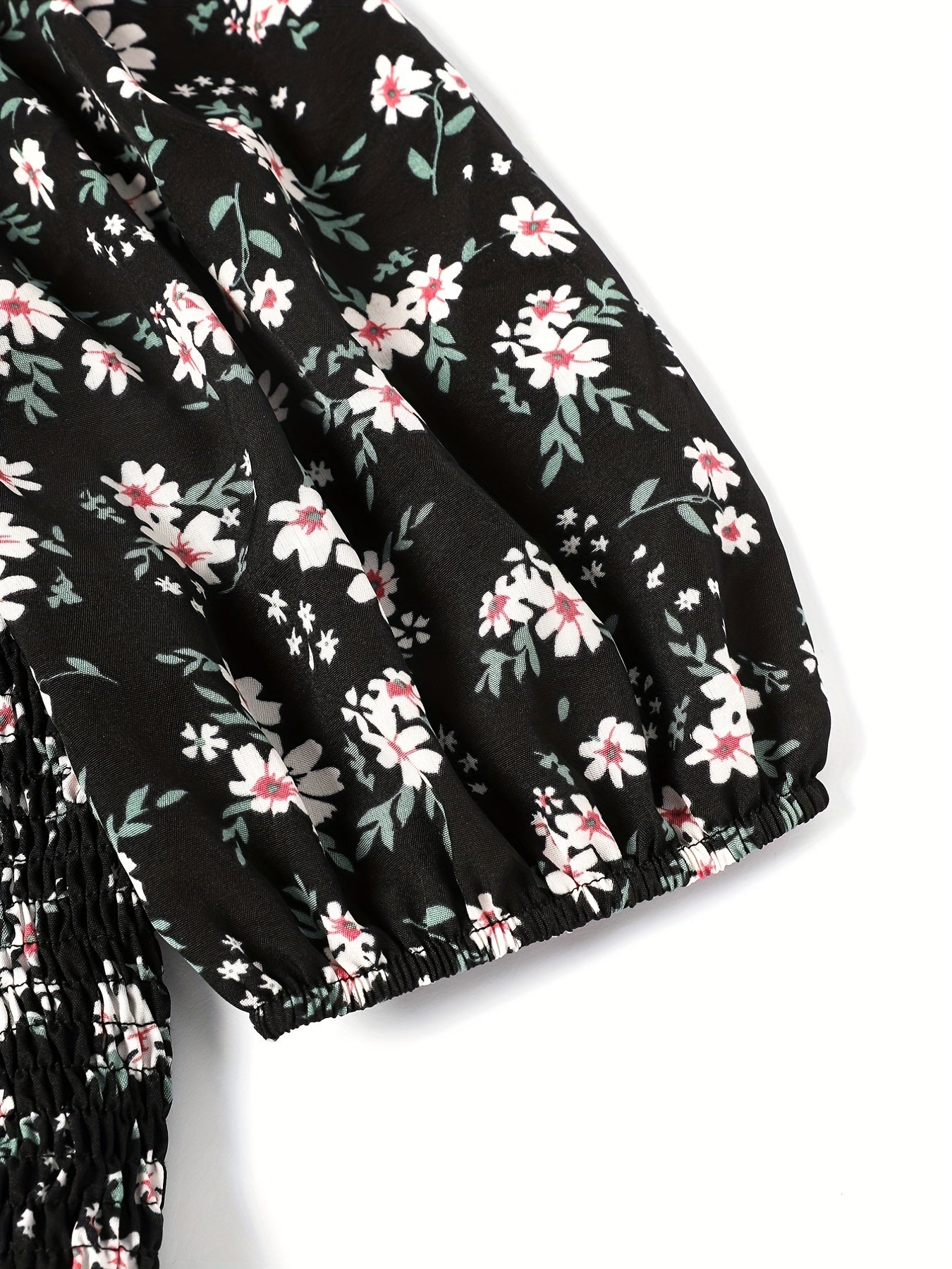  Ditsy Print Puff Sleeve Square Neck Stretch Dress